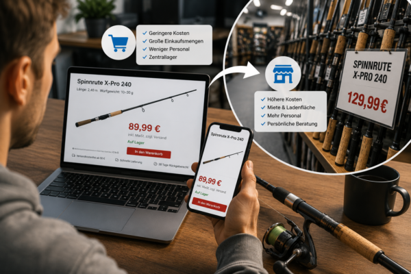 Infografik zum Preisvergleich einer Angelrute zwischen Online-Shop und Fachhandel.