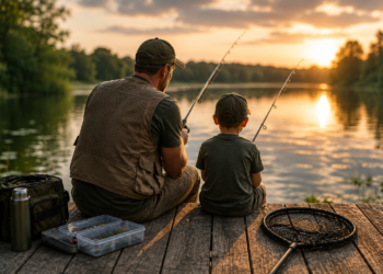 Vater zeigt seinem Sohn das Angeln mit einer Spinnrute an einem ruhigen See bei Sonnenuntergang.