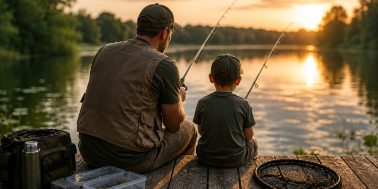 Vater zeigt seinem Sohn das Angeln mit einer Spinnrute an einem ruhigen See bei Sonnenuntergang.