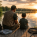 Vater zeigt seinem Sohn das Angeln mit einer Spinnrute an einem ruhigen See bei Sonnenuntergang.