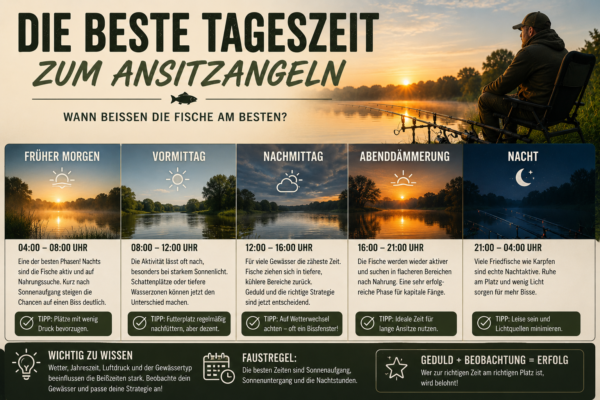 Infografik mit den besten Tageszeiten zum Ansitzangeln von morgens bis nachts.