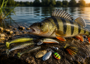 Verschiedene Barschköder wie Gummifische, Wobbler und Spinner liegen neben einem gefangenen Flussbarsch am Gewässerufer.
