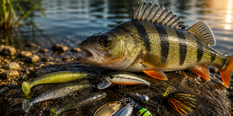 Verschiedene Barschköder wie Gummifische, Wobbler und Spinner liegen neben einem gefangenen Flussbarsch am Gewässerufer.