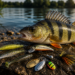 Verschiedene Barschköder wie Gummifische, Wobbler und Spinner liegen neben einem gefangenen Flussbarsch am Gewässerufer.