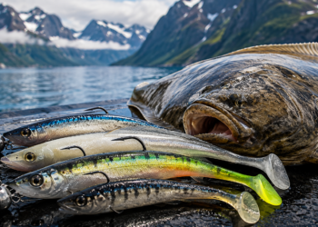 Großer Heilbutt mit verschiedenen Gummifischen für das Heilbuttangeln in Norwegen