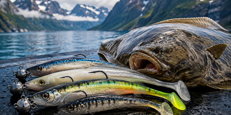 Großer Heilbutt mit verschiedenen Gummifischen für das Heilbuttangeln in Norwegen