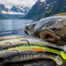 Großer Heilbutt mit verschiedenen Gummifischen für das Heilbuttangeln in Norwegen