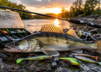 Bester Köder für Zander mit Gummifischen, Wobblern und gefangenem Zander am Flussufer