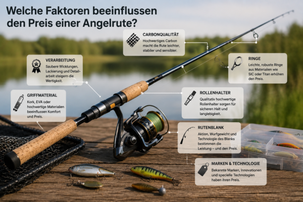 Infografik mit den wichtigsten Faktoren, die den Preis einer Angelrute beeinflussen.