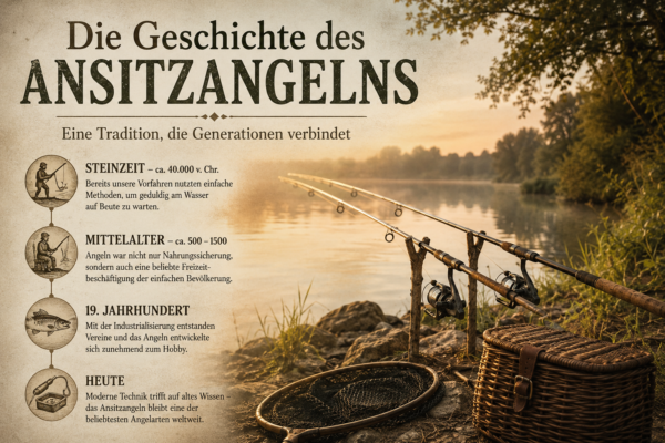 Infografik zur Geschichte des Ansitzangelns von der Steinzeit bis zur modernen Angelei.