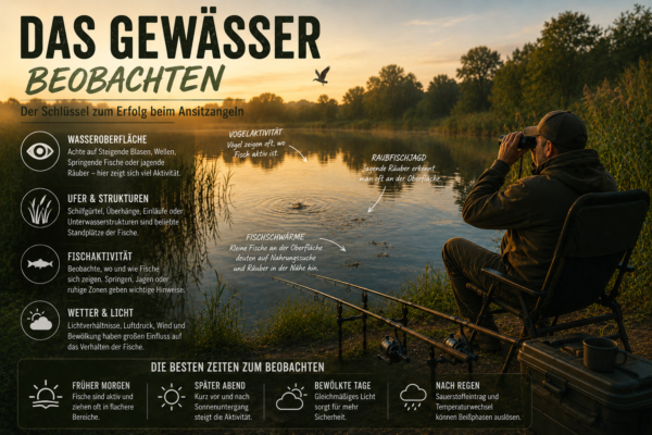 Infografik zur Gewässerbeobachtung mit wichtigen Hinweisen für erfolgreiches Ansitzangeln.