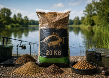 20-kg-Sack Grundfutter mit verschiedenen Futtermischungen am Seeufer