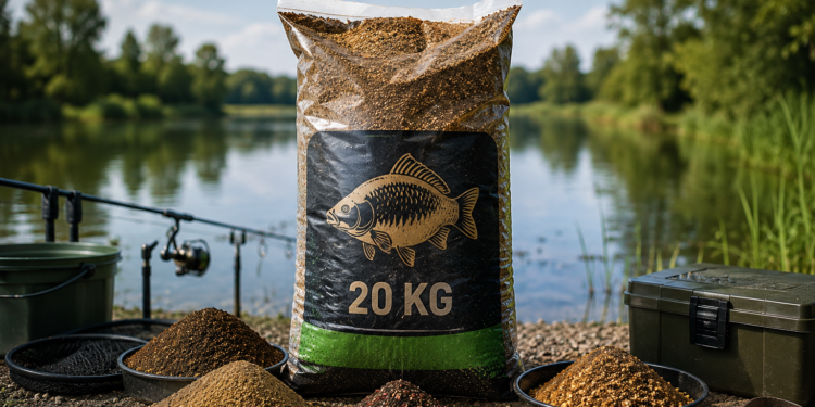 20-kg-Sack Grundfutter mit verschiedenen Futtermischungen am Seeufer