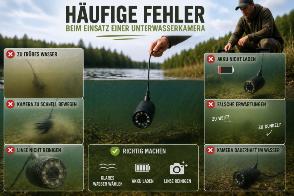 Infografik zeigt die häufigsten Fehler beim Einsatz einer Unterwasserkamera beim Karpfenangeln, darunter trübes Wasser, leere Akkus und verschmutzte Linse.