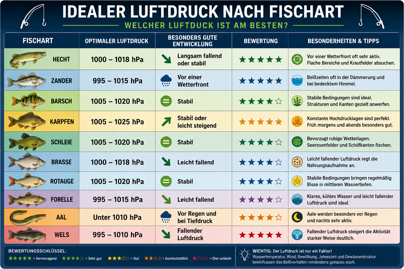 Infografik zum idealen Luftdruck für Hecht, Zander, Barsch, Karpfen, Schleie, Brasse, Rotauge, Forelle, Aal und Wels