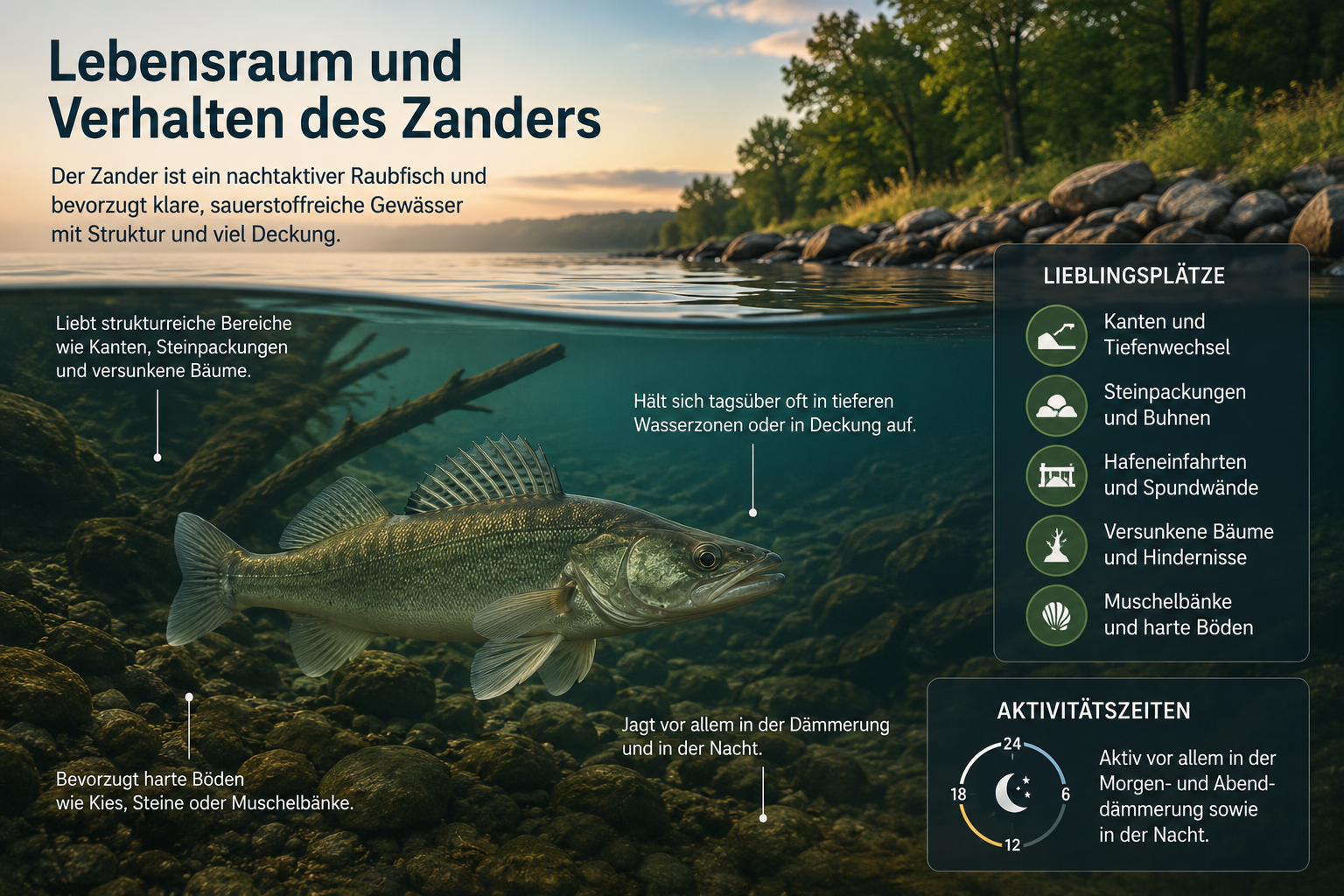 Zander in einem klaren Gewässer zwischen Steinen und versunkenen Ästen an einem strukturreichen Gewässergrund.