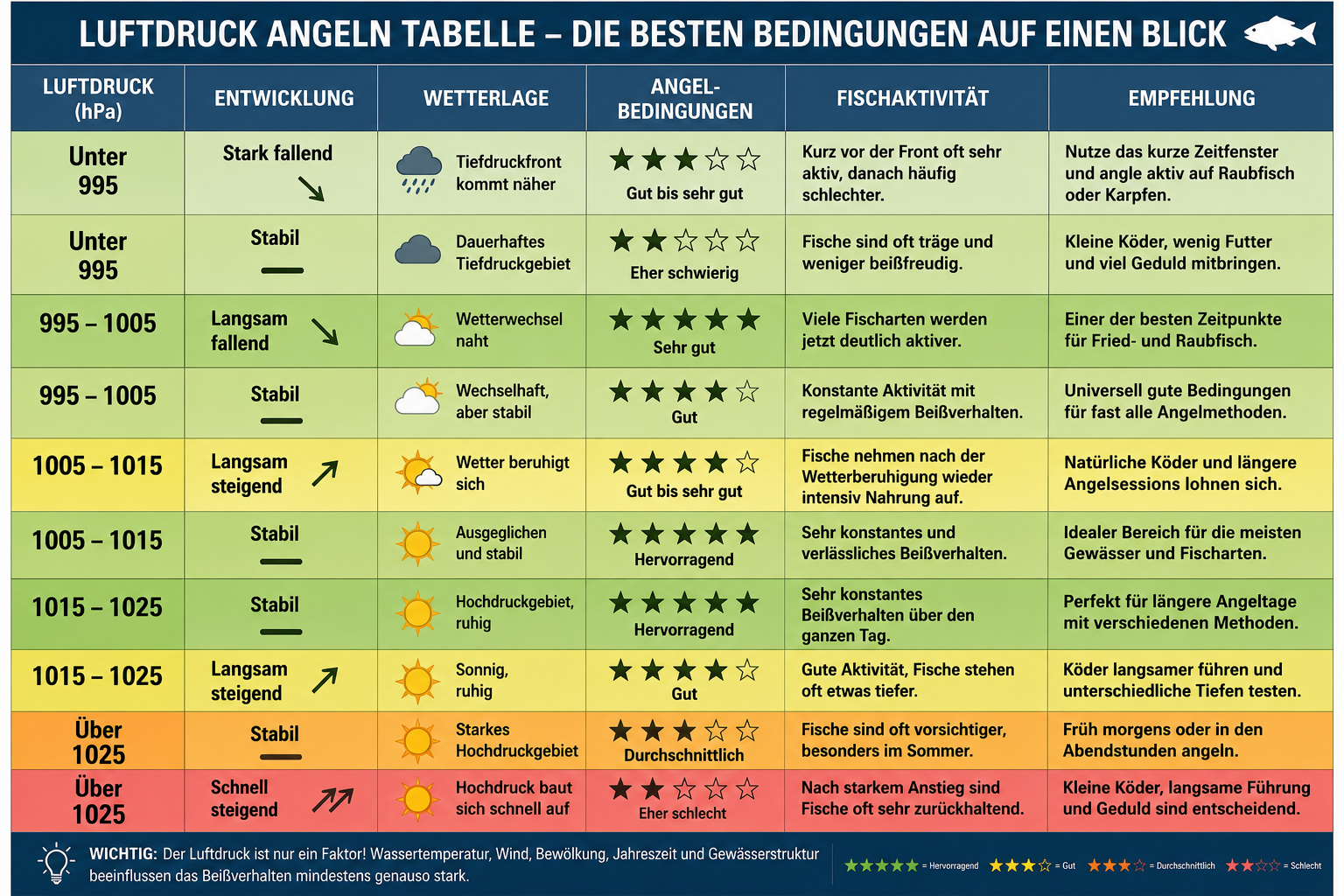 Luftdruck-Angeln-Tabelle mit Angelbedingungen, Fischaktivität und Empfehlungen für verschiedene Luftdruckwerte