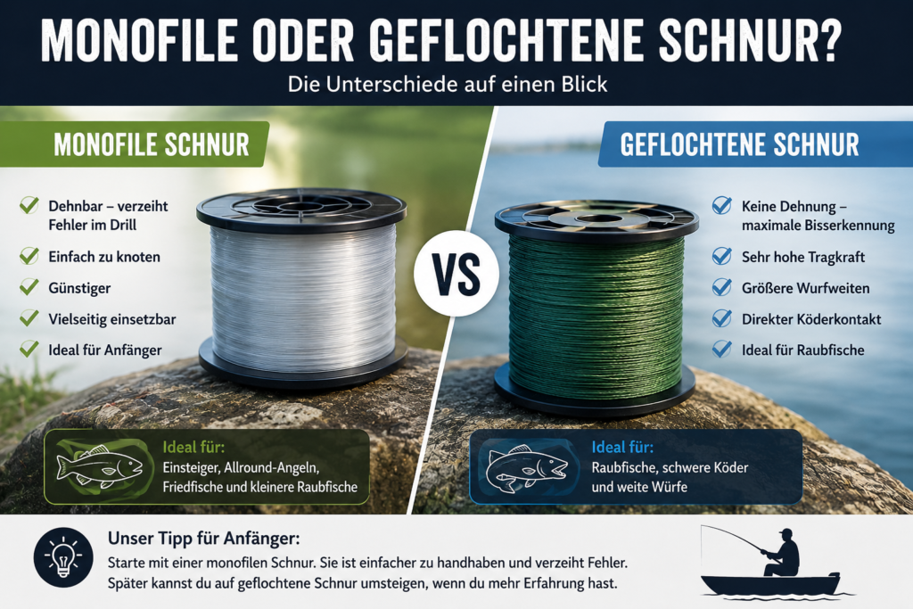 Infografik zum Vergleich von monofiler und geflochtener Angelschnur mit Vorteilen, Eigenschaften und Einsatzgebieten.