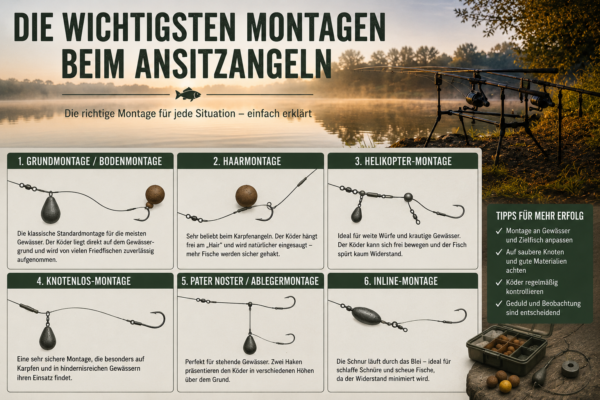 Infografik mit den wichtigsten Montagen beim Ansitzangeln und ihrer Verwendung.