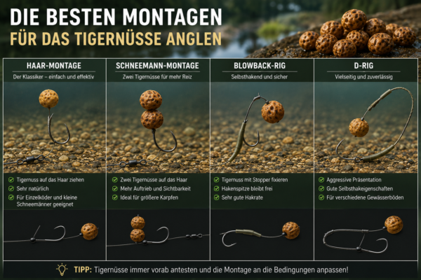Verschiedene Haarmontagen mit Tigernüssen als Hakenköder für das erfolgreiche Karpfenangeln.