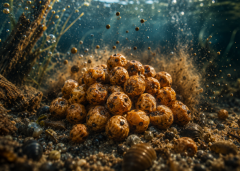 Frisch vorbereitete Tigernüsse liegen unter Wasser auf dem Gewässerboden und bilden einen natürlichen Futterplatz für Karpfen.