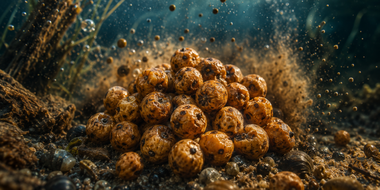 Frisch vorbereitete Tigernüsse liegen unter Wasser auf dem Gewässerboden und bilden einen natürlichen Futterplatz für Karpfen.