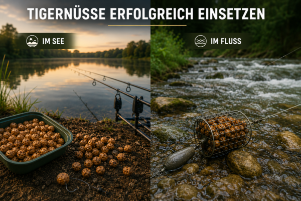 Vergleich der Köderpräsentation mit Tigernüssen beim Karpfenangeln im See und im Fluss.