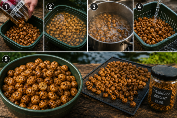 Schrittweise Vorbereitung von Tigernüssen mit Einweichen, Kochen und fertigen Partikeln für das Karpfenangeln.