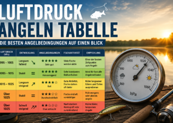 Barometer mit Angelrute und Luftdruck-Angeln-Tabelle an einem See bei Sonnenaufgang