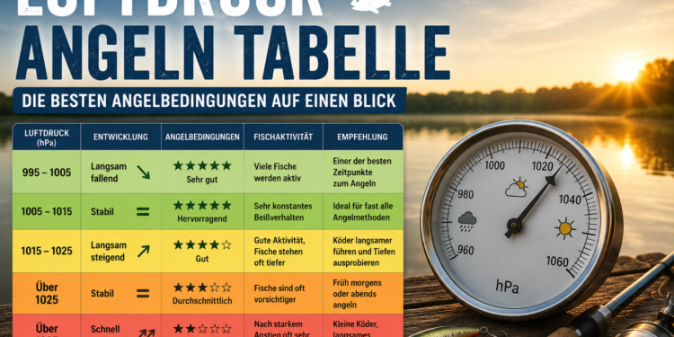 Barometer mit Angelrute und Luftdruck-Angeln-Tabelle an einem See bei Sonnenaufgang