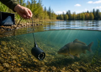 Unterwasserkamera wird beim Karpfenangeln in einen klaren See abgesenkt, während ein Karpfen im Hintergrund vorbeischwimmt.