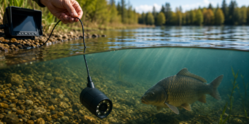 Unterwasserkamera wird beim Karpfenangeln in einen klaren See abgesenkt, während ein Karpfen im Hintergrund vorbeischwimmt.