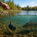 Unterwasserkamera wird beim Karpfenangeln in einen klaren See abgesenkt, während ein Karpfen im Hintergrund vorbeischwimmt.