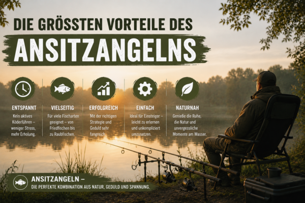 Infografik mit den wichtigsten Vorteilen des Ansitzangelns an einem ruhigen See.