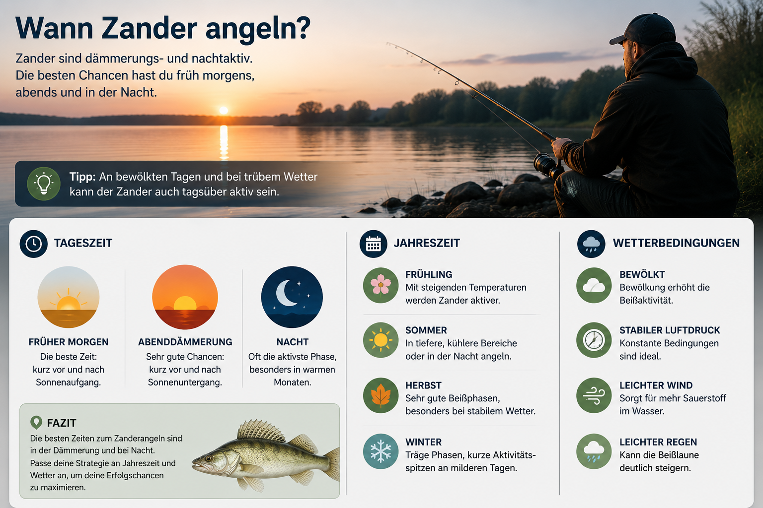Infografik zu den besten Tageszeiten, Jahreszeiten und Wetterbedingungen zum Zanderangeln.