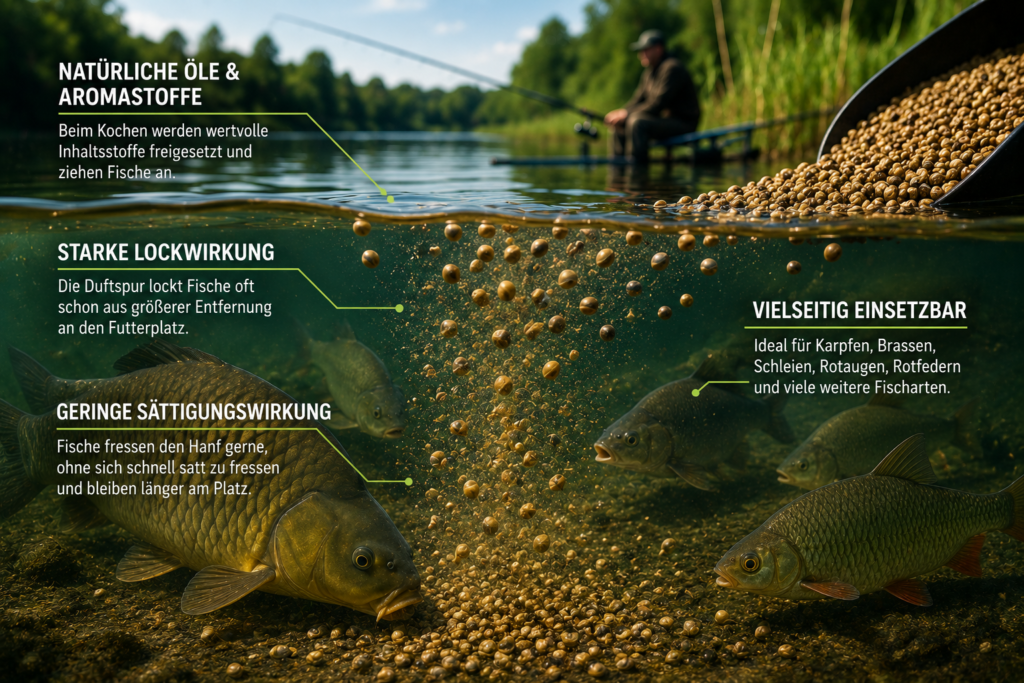 Hanfsamen locken Karpfen und Friedfische unter Wasser an einen Futterplatz