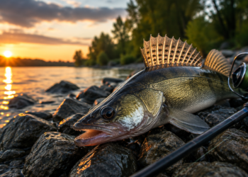 Großer Zander auf Steinen am Flussufer neben einer Spinnrute bei Sonnenuntergang.