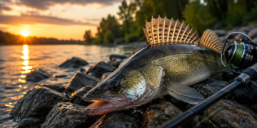 Großer Zander auf Steinen am Flussufer neben einer Spinnrute bei Sonnenuntergang.
