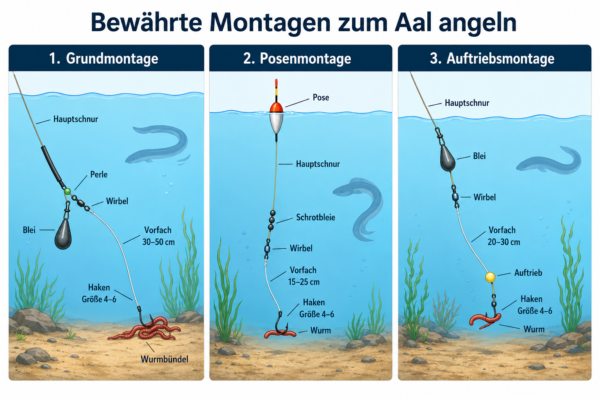 Infografik mit Grundmontage, Posenmontage und Auftriebsmontage zum Aal angeln