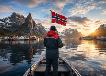 Angler in einem Boot auf einem norwegischen Fjord mit norwegischer Flagge vor beeindruckender Bergkulisse – Titelbild zum Ratgeber über die neuen Bestimmungen für das Angeln in Norwegen.