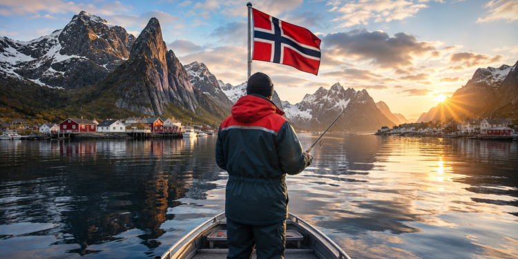 Angler in einem Boot auf einem norwegischen Fjord mit norwegischer Flagge vor beeindruckender Bergkulisse – Titelbild zum Ratgeber über die neuen Bestimmungen für das Angeln in Norwegen.