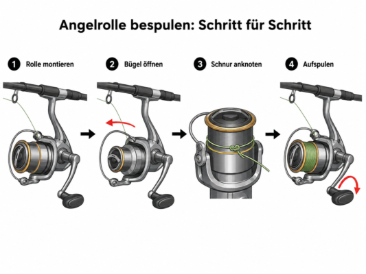 Infografik zum Angelrolle bespulen mit den Schritten Rolle montieren, Bügel öffnen, Schnur anknoten und Schnur aufspulen