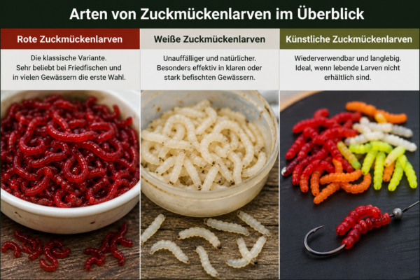 Infografik zeigt die Unterschiede zwischen roten, weißen und künstlichen Zuckmückenlarven sowie ihre jeweiligen Einsatzgebiete beim Angeln.