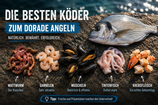 Übersicht der besten Naturköder zum Dorade angeln mit Wattwurm, Garnelen, Muscheln, Tintenfisch und Krebsfleisch.