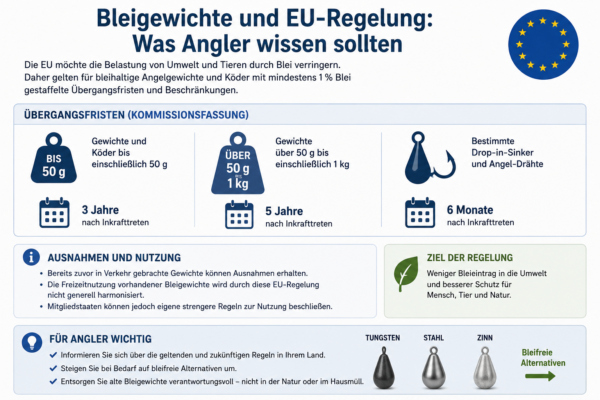 Infografik zu EU-Regeln für Bleigewichte beim Angeln mit Übergangsfristen, Ausnahmen und bleifreien Alternativen