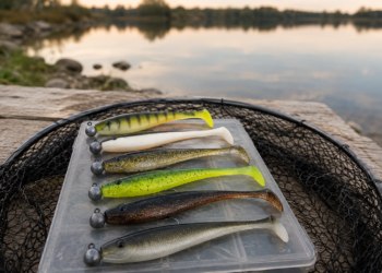 Verschiedene Gummifische für Zander mit Jigköpfen auf einer Tacklebox am See