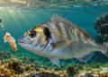Goldbrasse (Dorade) schwimmt vor einem Naturköder über felsigem Meeresgrund im klaren Mittelmeerwasser. KI-generiert