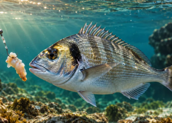 Goldbrasse (Dorade) schwimmt vor einem Naturköder über felsigem Meeresgrund im klaren Mittelmeerwasser. KI-generiert