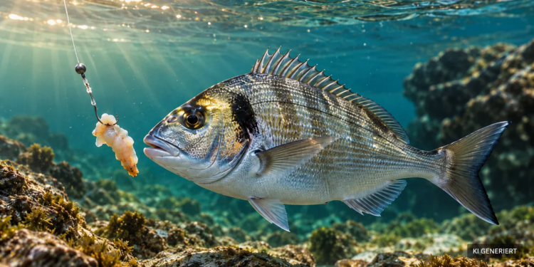 Goldbrasse (Dorade) schwimmt vor einem Naturköder über felsigem Meeresgrund im klaren Mittelmeerwasser. KI-generiert