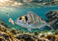 Goldbrasse (Dorade) schwimmt vor einem Naturköder über felsigem Meeresgrund im klaren Mittelmeerwasser.